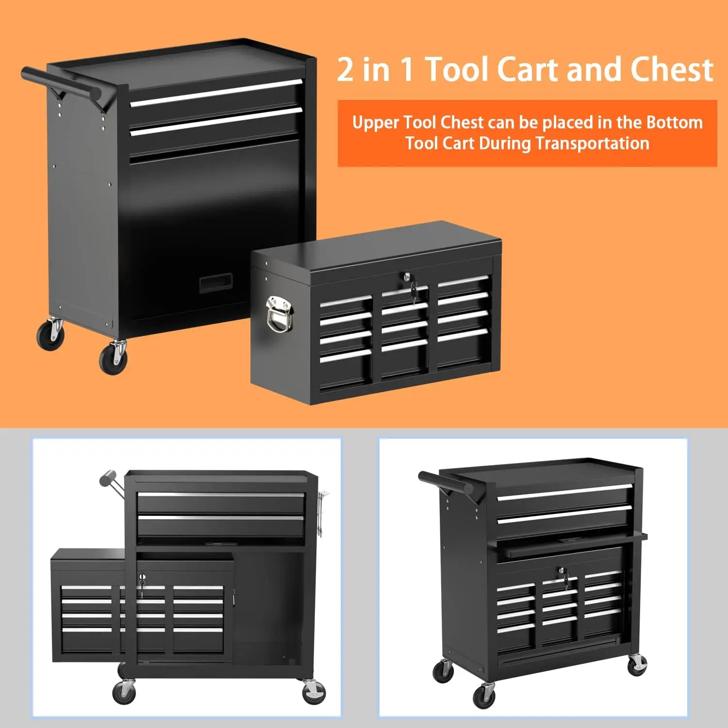 8-Drawer High Capacity Rolling Tool Chest, Removable Cabinet Storage Tool Box with Wheels & Drawers, Detachable Toolbox Lock 6
