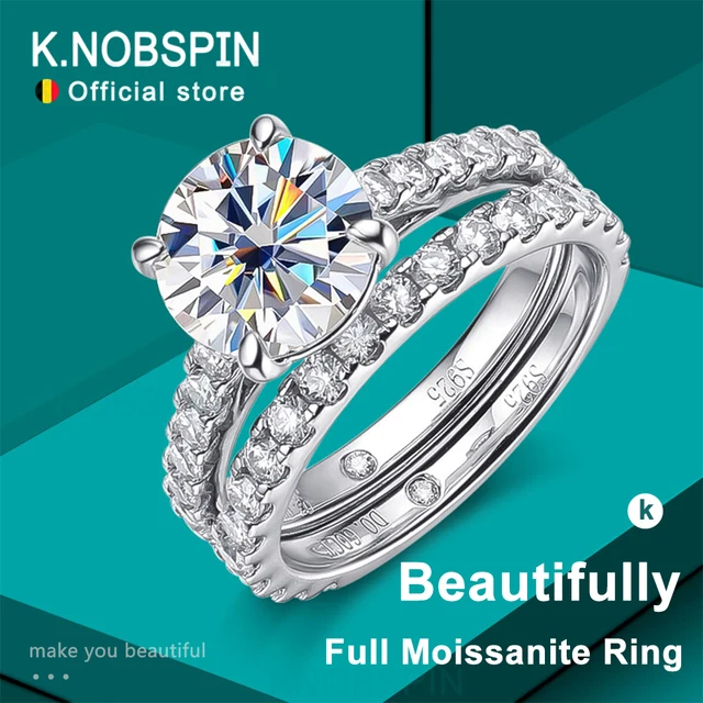 KNOBSPIN D VVS1 Moissanite Rings for women Sparkling Diamond Bridal Sets with GRA s925 Sterling Sliver Plated 18k Eternity Band