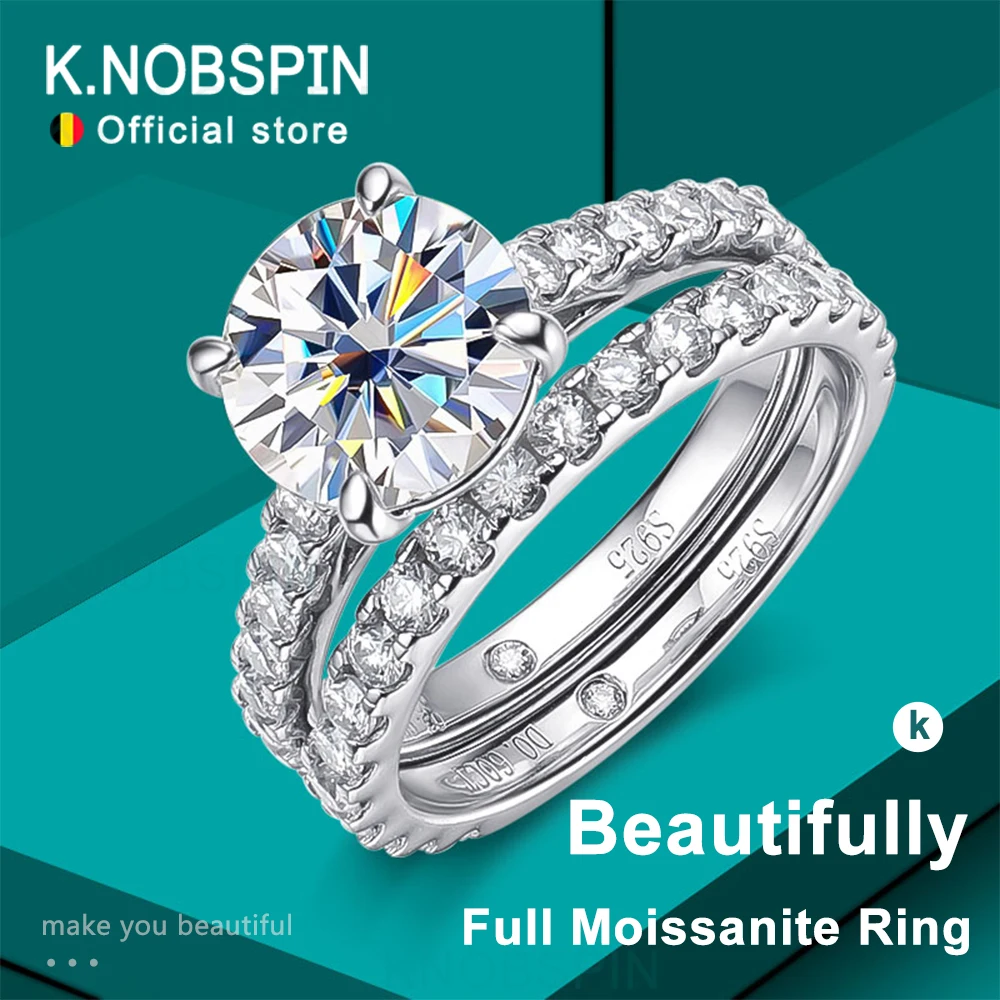 KNOBSPIN 여성용 모이사나이트 반지, 반짝이는 다이아몬드 신부 세트, GRA s925 스털링 실버 도금, 18k 이터니티 밴드, D VVS1 