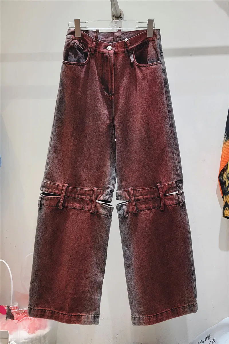 2023 New Women Cargo Pants Red Wine Wide Leg trousers Broken Holes Grunge Punk Painted Casual Empire Long Denim Capris Jeans