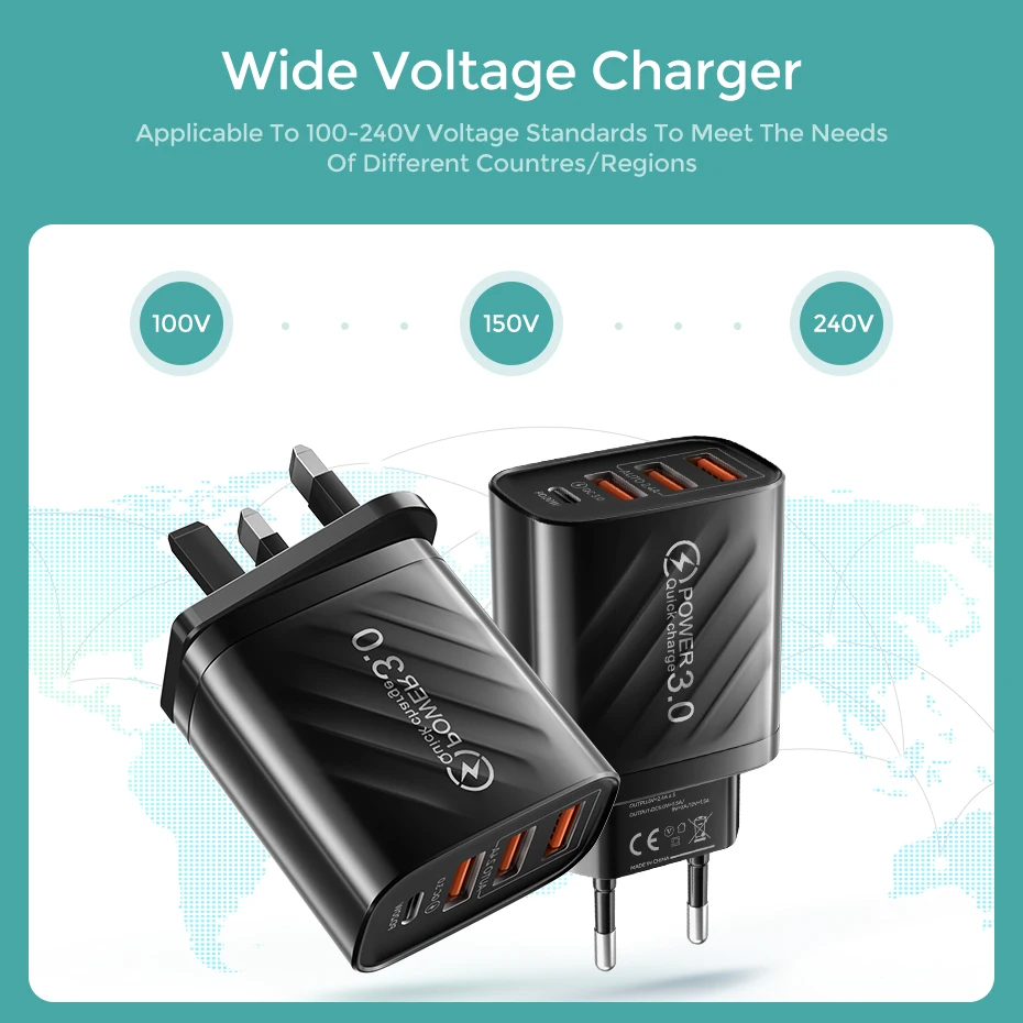 48W USB Charger 4Port Type C Quick Charge QC 3.0