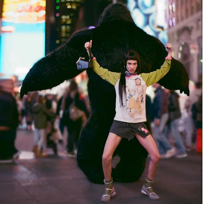 Heavenkiko Y2K Double Head Bear Thin Long Sve T-irt Men's Bamboo Cotton Printed Casual Summer Top round Ne Mid-Length