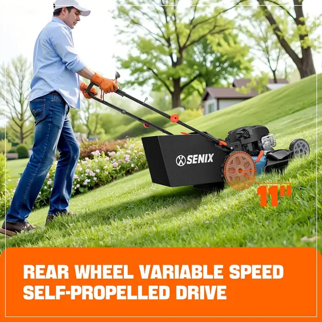 SENIX LSSG-H2 22 Self Propelled Lawn Mower Gas Powered 163cc 4-Cycle Engine Rear Wheel Drive Variable Speed 6 Height Adjustments 5