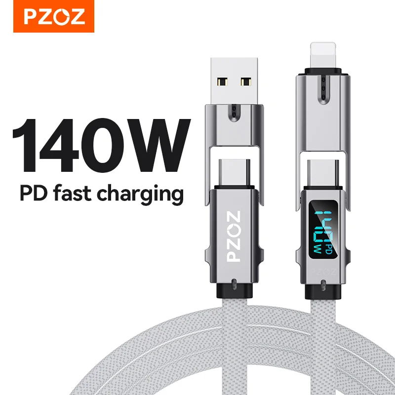 

PZOZ 4 в 1, 60 Вт, кабель USB C, цифровой дисплей, быстрая зарядка для iPhone 15, 14, 13, 12 Pro Max, MacBook, iPad, шнур USB Type C, зарядное устройство
