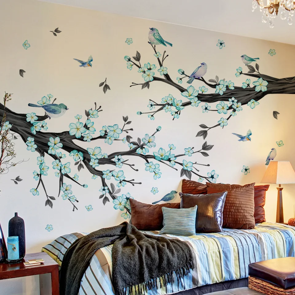Stickers Muraux Oiseaux Bleus Et Plumes - Déco PVC Adhésif Pour Salon Chambre