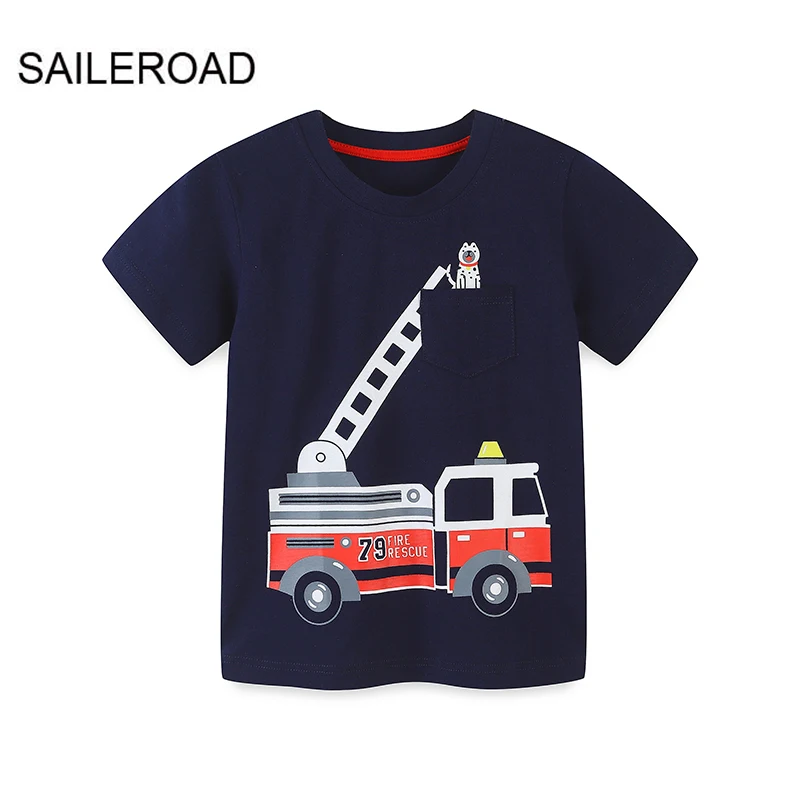 SAILEROAD Summer Vehicles T Shirt Cotton Short Sleeve Cartoon Fire Truck T-shirts Kids Tee Girl Tops Boys Children Clothes