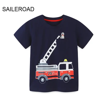 SAILEROAD Summer Kids T-Shirt – Cotton Short Sleeve Cartoon Fire Truck Tee for Boys & Girls 1