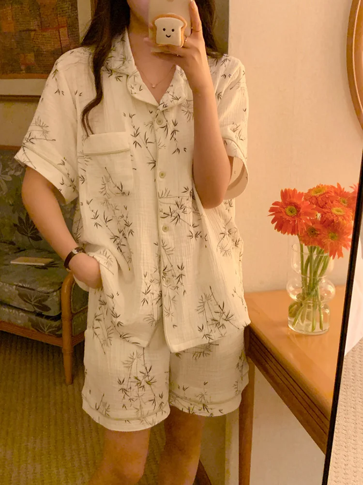 

Short Sleeve Summer Chinese Style Sleepwear Lovers Wash Painting Spouse Short Sleeved Pajama Set Simple Loose Ins Casual