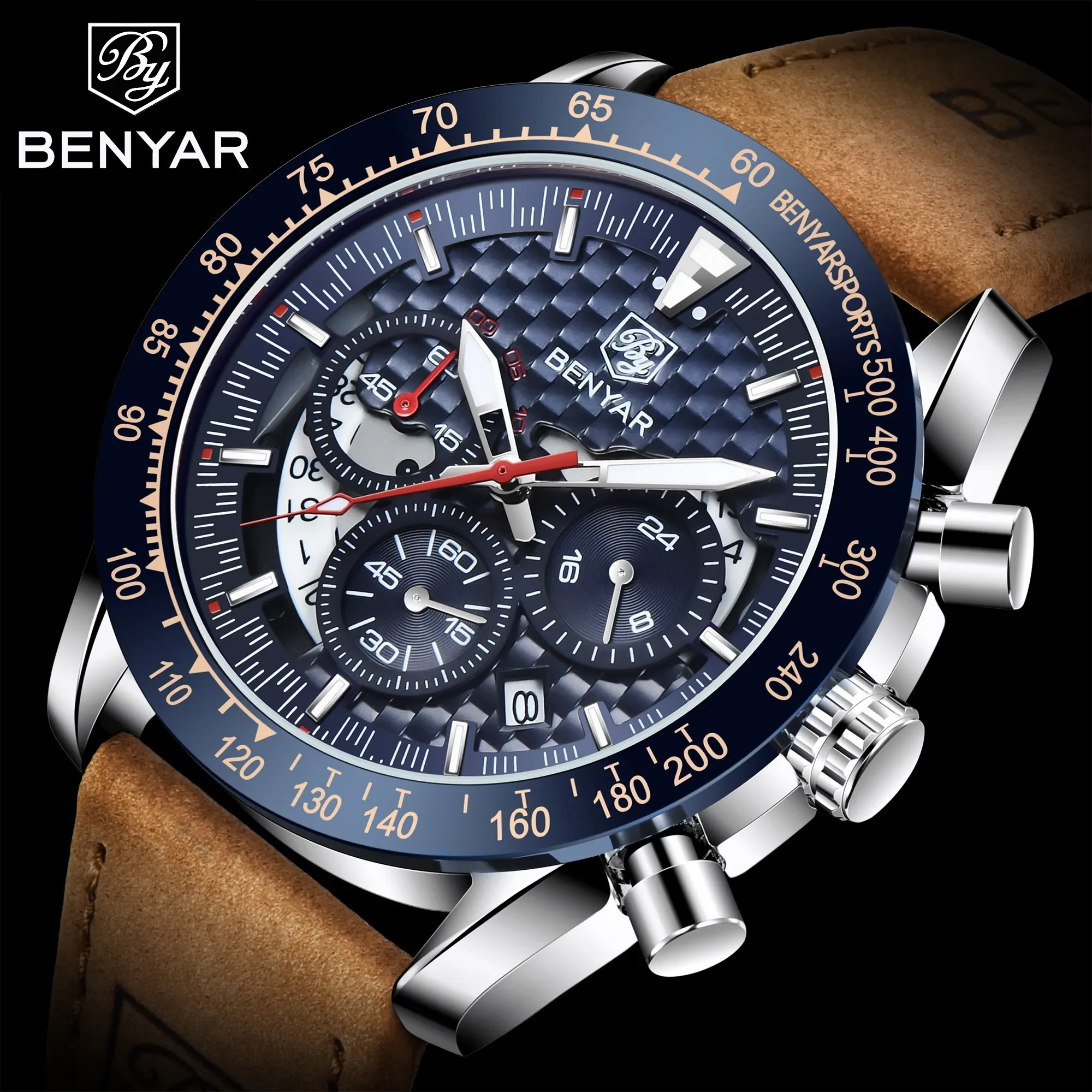 Benyar top brandneue männer uhren leder armband luxus wasserdicht sport quarz chronograph militär uhr herren uhr roloj hombre