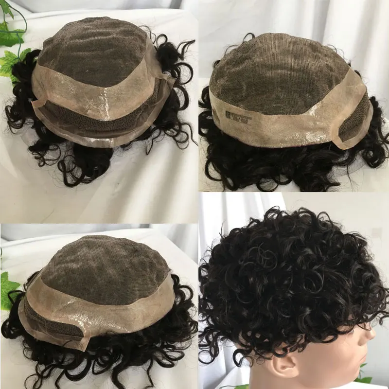 100%Human Hair Toupee For Men HairPieces Men Wigs Curly Hair Lace Frontal Mono Lace Top 8*10 20MM Man Hair Toupee Natural Black images - 6