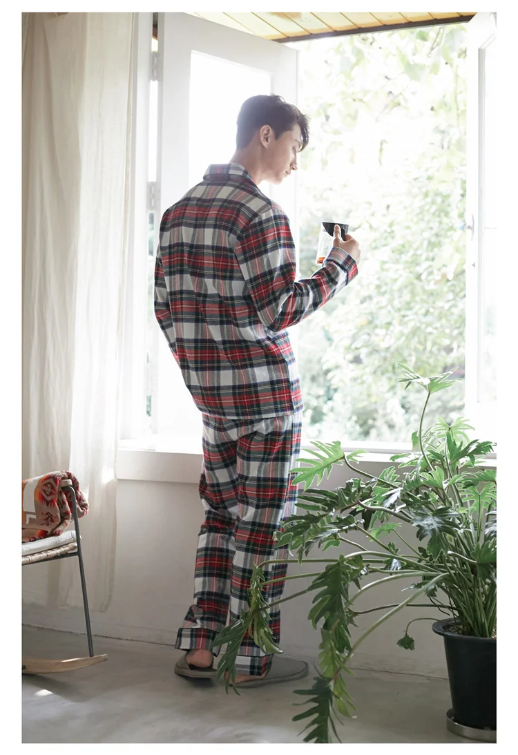 Plaid Print Couple Pajamas Set Autumn and Winte Warm Cotton Women and Men Pyjamas Long Sleeve Sleepwear Men Lounge Pijama mens designer pjs