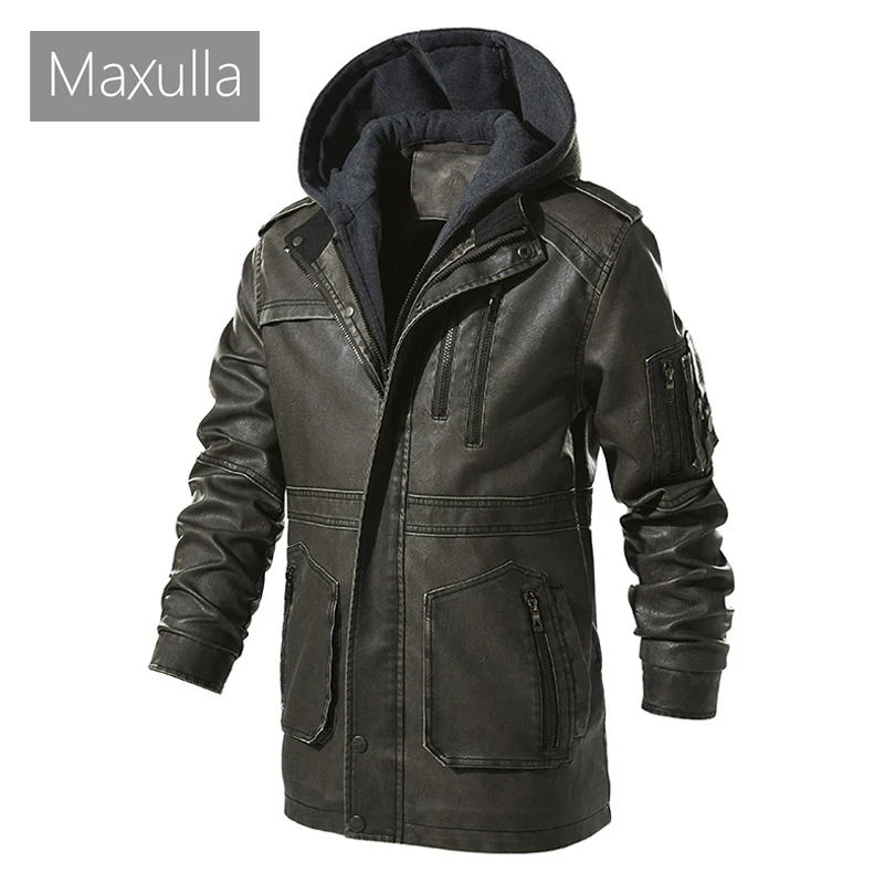 

Maxulla Winter Men's PU Jacket Casual Man Mid-Long Motorcycle Leather Coats Fashion Fleece Hoodies Leather Jackets Mens Clothing