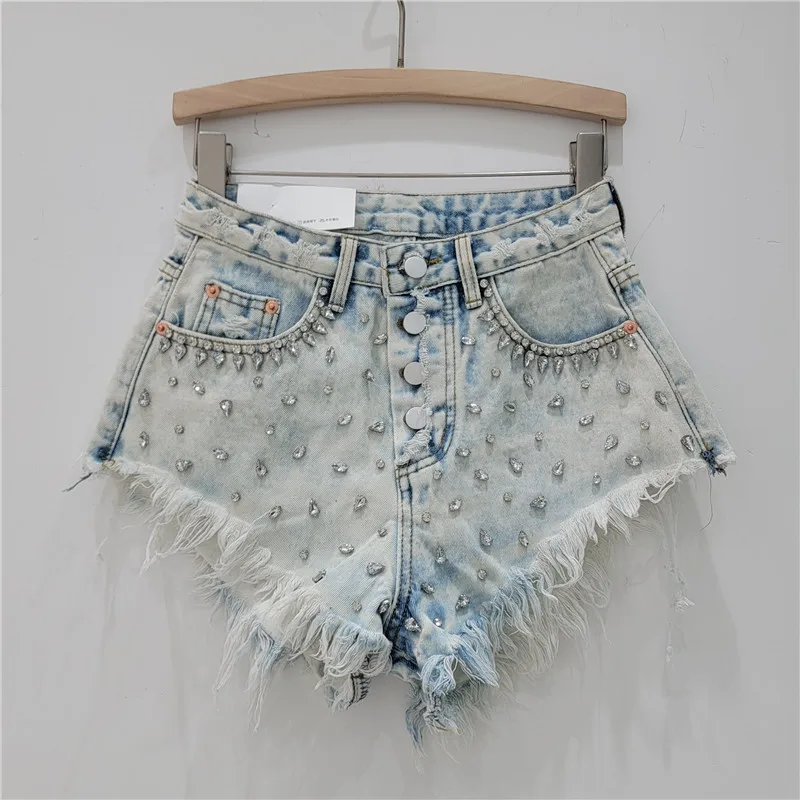 Large Particle Rhinestone Beaded Tassel Edge Denim Shorts Women 2024 Spring and Summer Hot Girl Style Distressed Hot Pants