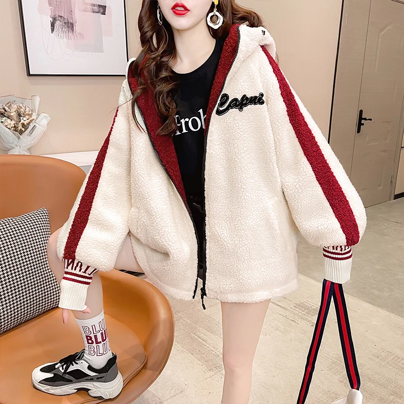 Fashion Embroidery Hooded Jacket Lamb Plush Coat Ladies Plus Velvet Thick Warm Overcoat Women 2021 New Autumn Winter Outerwear