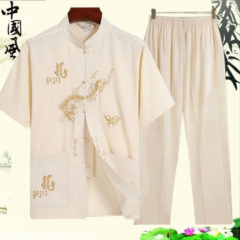 Traditional Chinese Men Embroidery Tang Suit Short Sleeve Taichi Uniform Cotton Dragon Wushu Clothing Loose Male Kung Fu Shirt tai chi clothing chinese men hanfu top