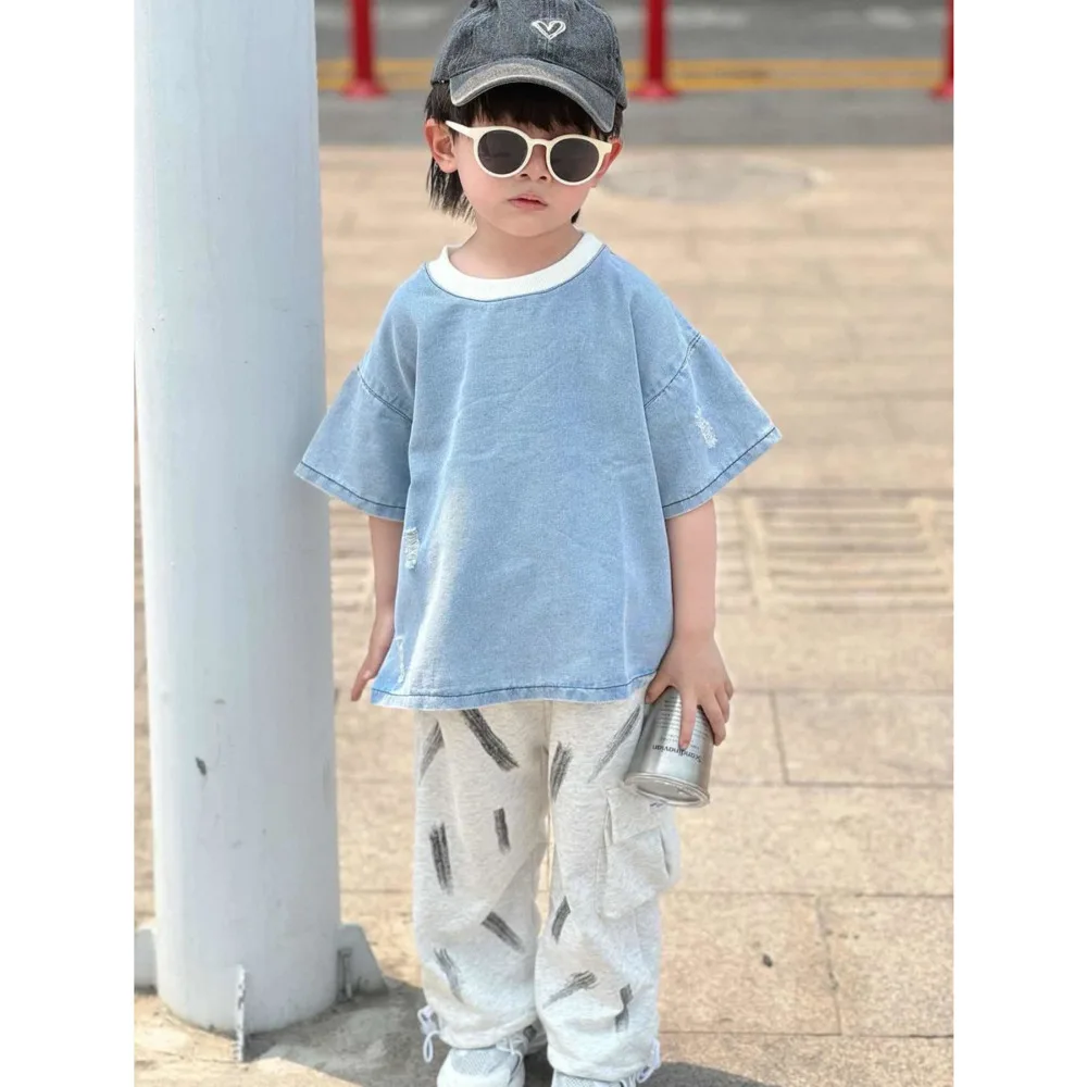 

Boys' Sets Solf Denim T-shirt Pants Two Pieces Suits Korea Fashion Streetwear Spring Summer Casual Perforated Graffiti Pants Set