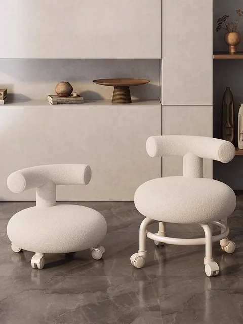 Small Household Pulley Low Stool with Wheels, Children's Chair, Backrest, Round, Living Room Bench, Shoe Stool