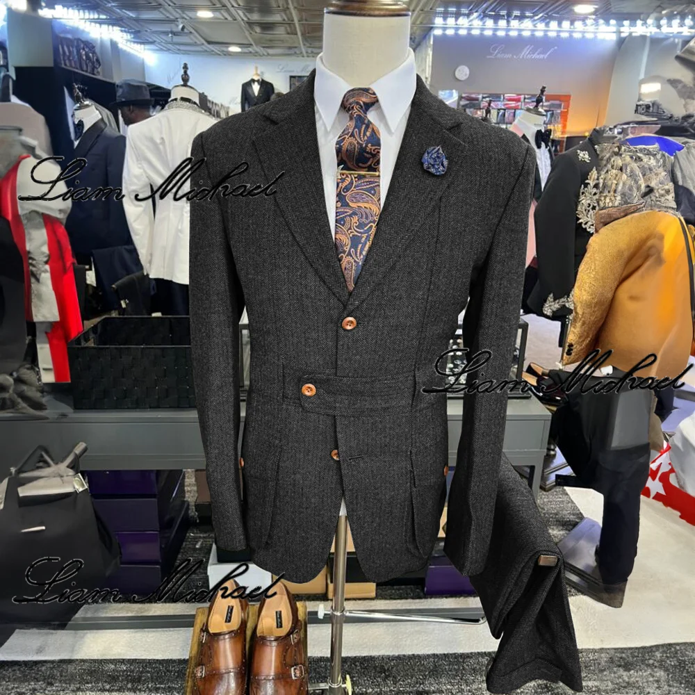 Men's Vintage Suit 2 Piece Herringbone Jacket Pants Formal Office Workwear Wool Party Dress Groom's Tuxedo