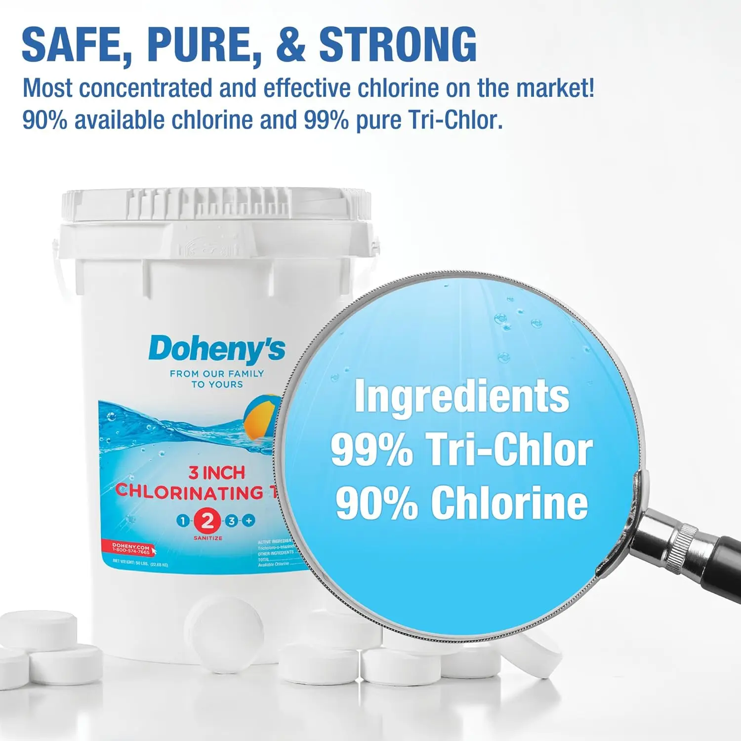 3-Inch Stabilized Chlorine Tablets 99% Pure Tri-Chlor, 90% Available Chlorine Long-Lasting,