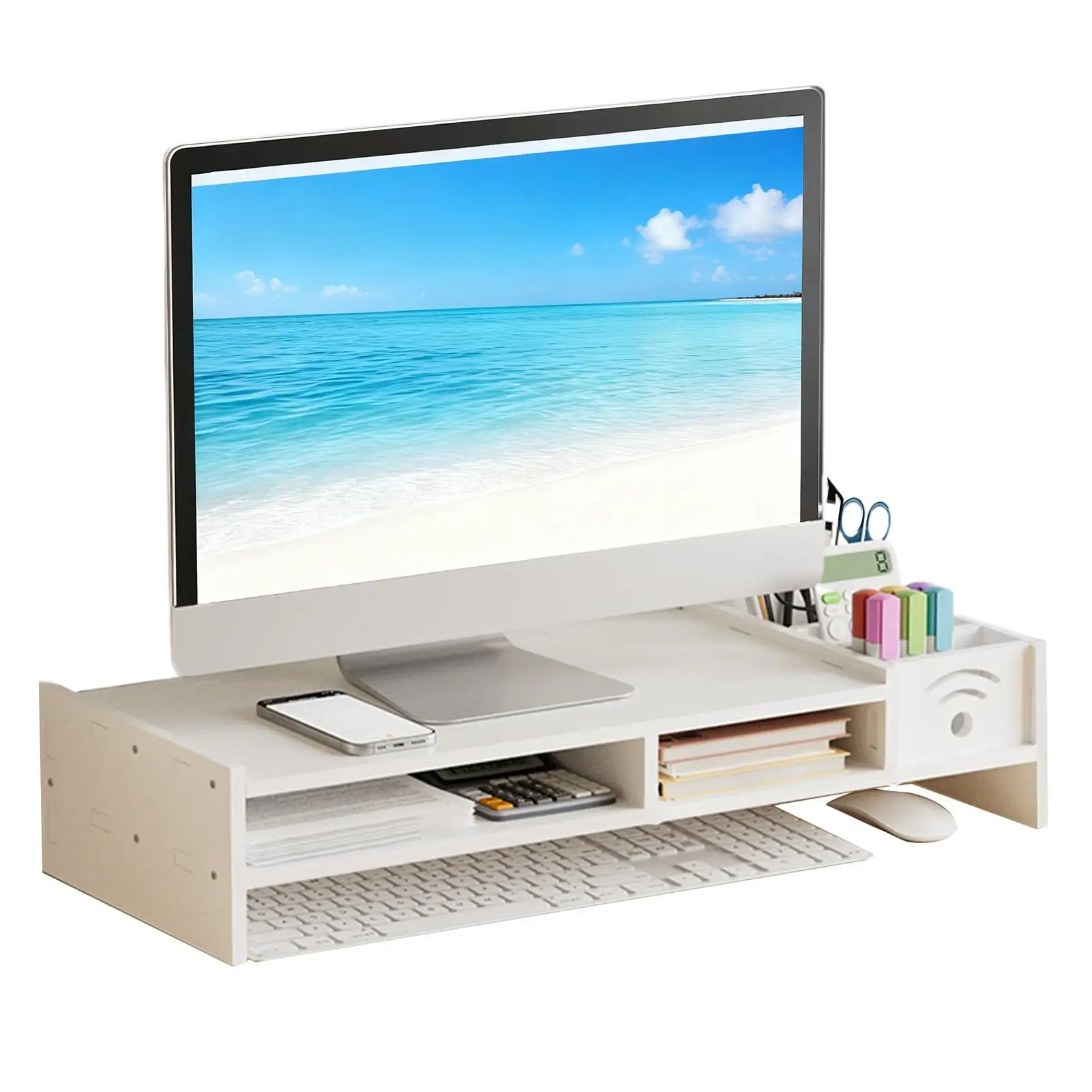 모니터 스탠드 라이저 2단 데스크 선반 4.3인치 높이 컴퓨터 라이저, 가정용 노트북 PC TV 작업 테이블용 수납 정리함 포함