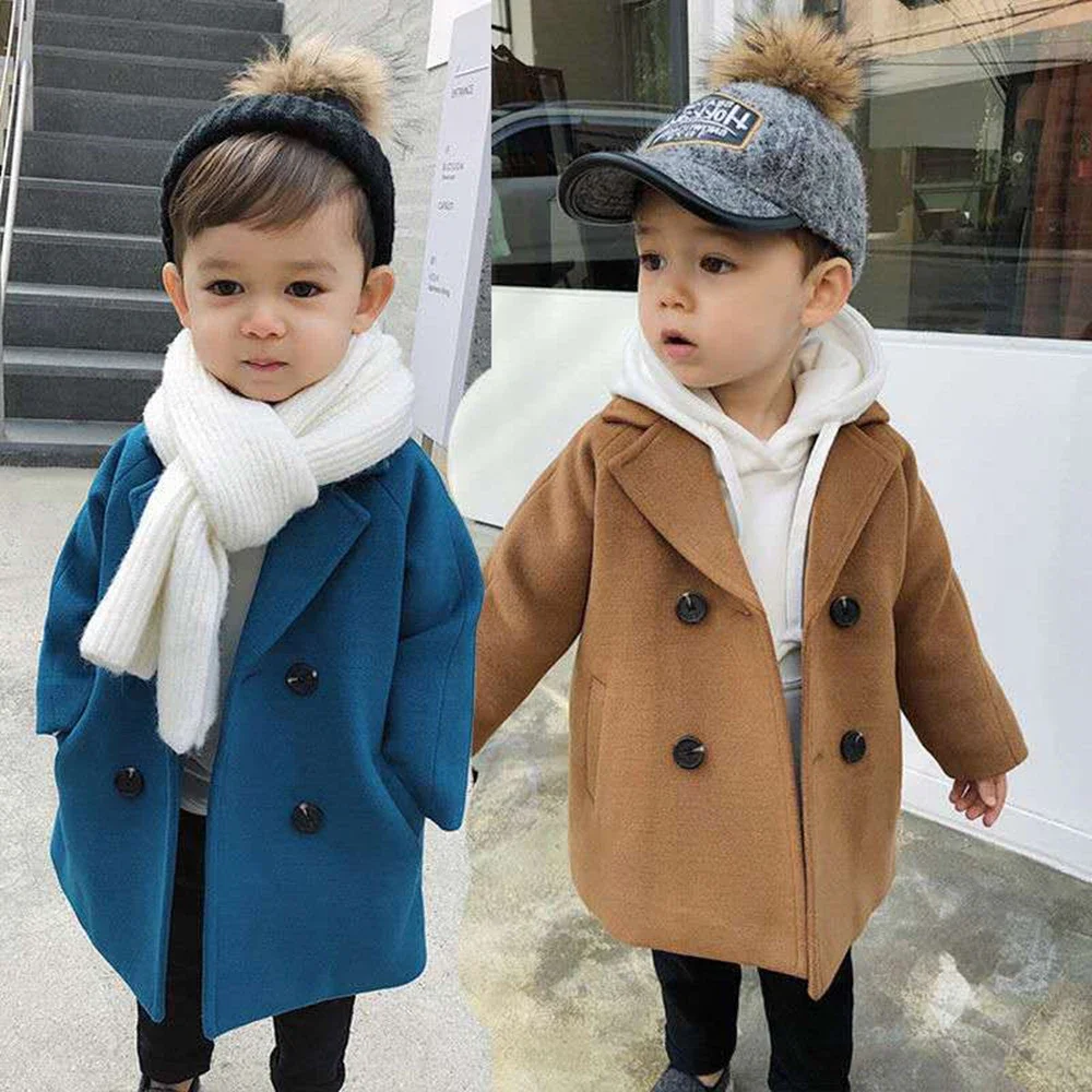2-6-year-old Children's Korean Autumn and Winter Coat Wool Jacket Long Double Breasted Warm Flip Collar Pocket Jacket girls winter coat