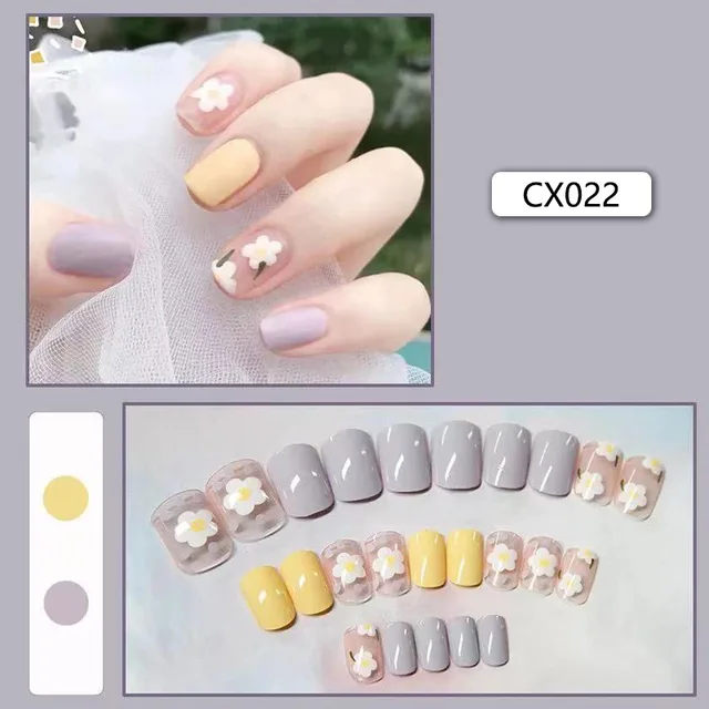 24pcs/box Fake Nails Press on Short Reusable with Designs Set French Artificial Pink False Tipsy Stick-on Nails Tips Art CX022