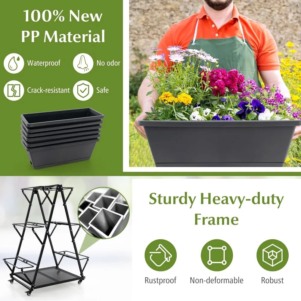 Plant Stand. 6-Tier Rolling Raised Garden Bed, Vertical Planter Stand on Wheels with 6 Garden Boxes, Storage Shelf