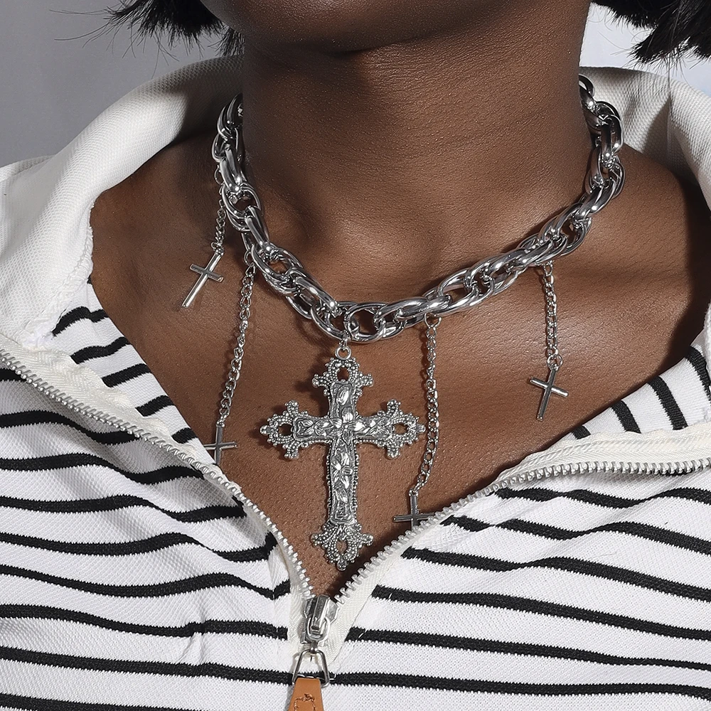 Aihua Goth Streetwear Grunge Big Cross Anhänger Halsketten für Frauen Männer Hals Kette Indie Schmuck Auf Den Hals E Mädchen Halsband