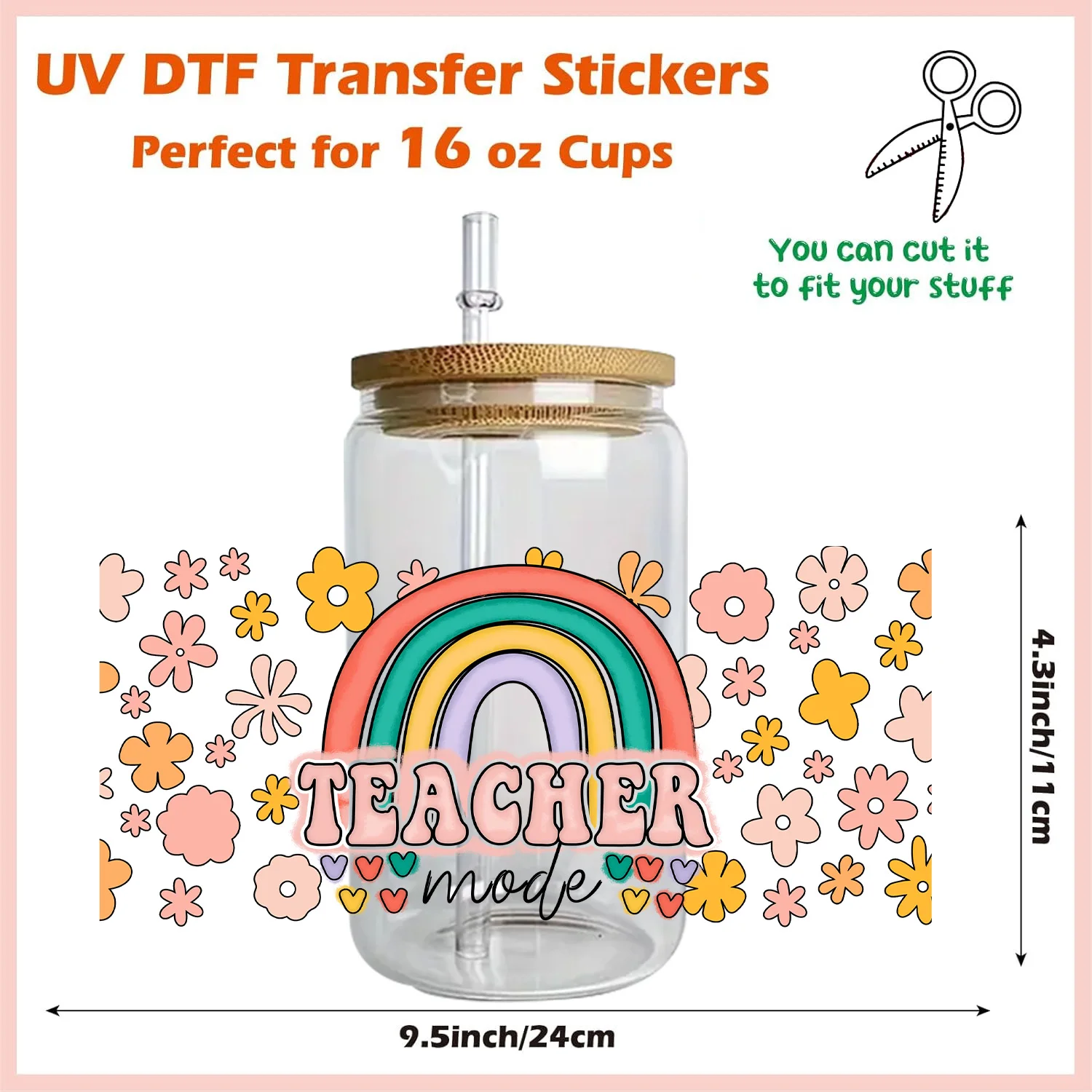 Rainbow stickers peel waterproof DIY Decals 3D transfers uvdtf crystal stickers 16oz uv dtf cup wraps for Libbey Glasses