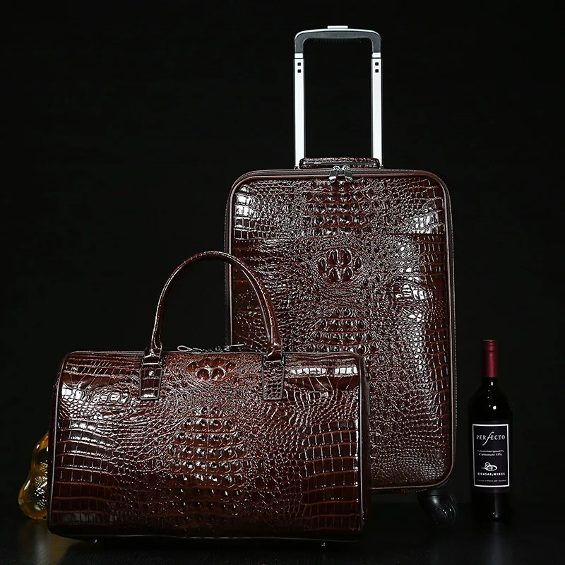 Valise de voyage en cuir véritable à motif crocodile pour homme, valise à roulettes, étui d'embarquement, sac à main SR, première couche, cuir de cercle