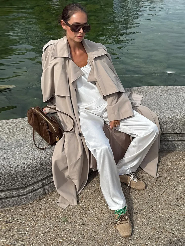 Trench lungo da donna elegante con cintura risvolto ampio doppio petto cappotti a maniche lunghe 2025 Autunno Lady Chic Commute Outwear 6