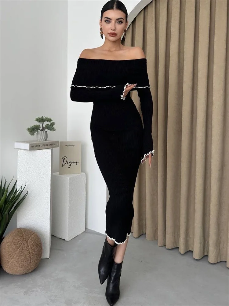 Ruffled Slim Knit Dress Women's Backless Long Sleeve Bandeau Contrast Autumn Party Dress Fashion Knitwear Maxi Dress