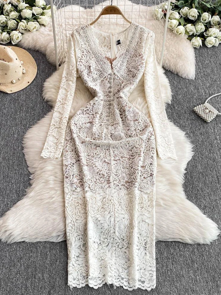 open lace back dress A Line Open Back Champagne Lace Tulle Long Prom Dress, Champagne Lace –  morievent main image 1