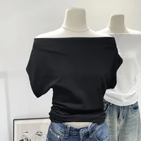 Off-shoulder Drape Short Sleeve T-shirt Women's Summer 2024 New Style Cropped Waist-fitted Drawstring Top Stylish Casual Wear 1