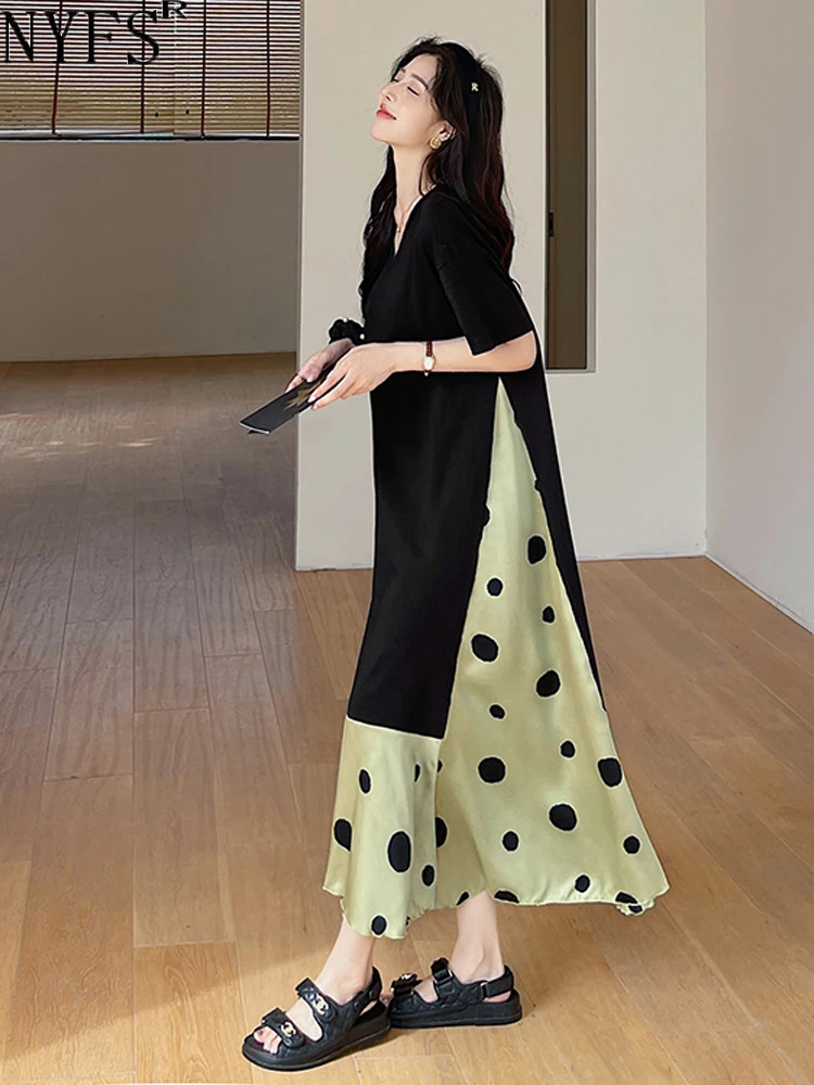 

NYFS 2024 Summer New Korea Woman Dress Vestidos Robe Elbise Loose Plus Size Patchwork Dot Print Hem Short Sleeve Long Dress