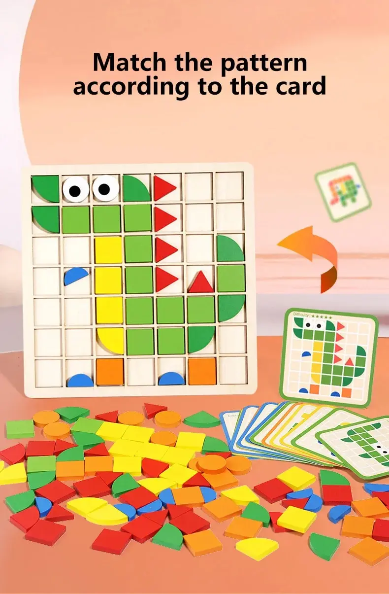 Wooden Mosaic Geometric Pattern Building Blocks Puzzle Set_voghion.com