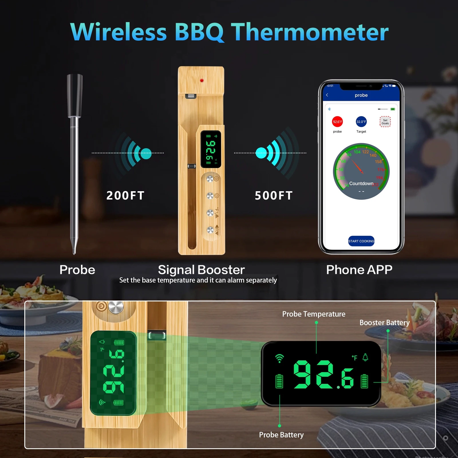 

Smart Grill Thermometer Digital Wireless Bluetooth Probe IP68 Waterproof With Display Meat Cooking BBQ For Steak Oven Smoker
