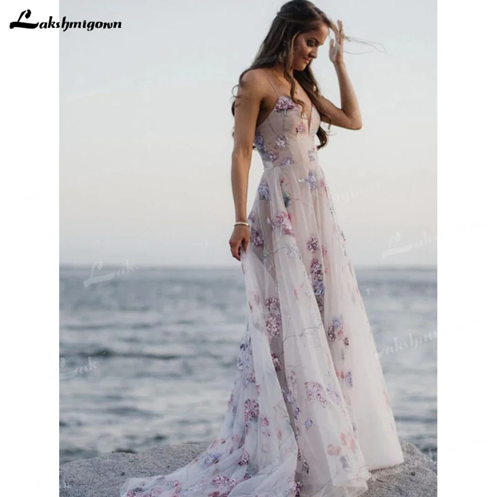 Spaghetti Straps Bohemian Boho Beach Wedding Dress Print Flower Bridal Dress Vestidos De Renda Wedding Gown 3