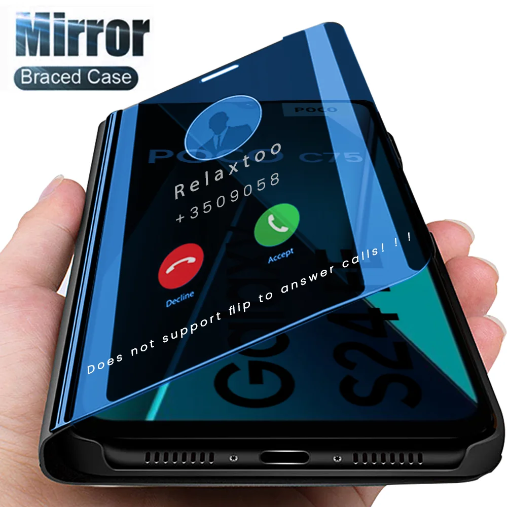 Leather Phone Case Luxury Smart View Mirror Flip Leather Case for Xiaomi PocoC75 Poco C75 4G Magnetic Holder Stand Cover Poko Poxo Little C75 C 75