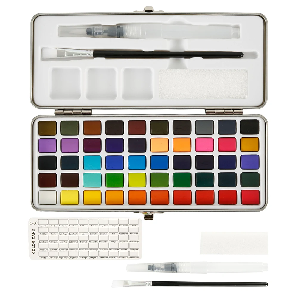 50 Colors Solid Watercolor Paint Set Portable Metal Box Watercolor
