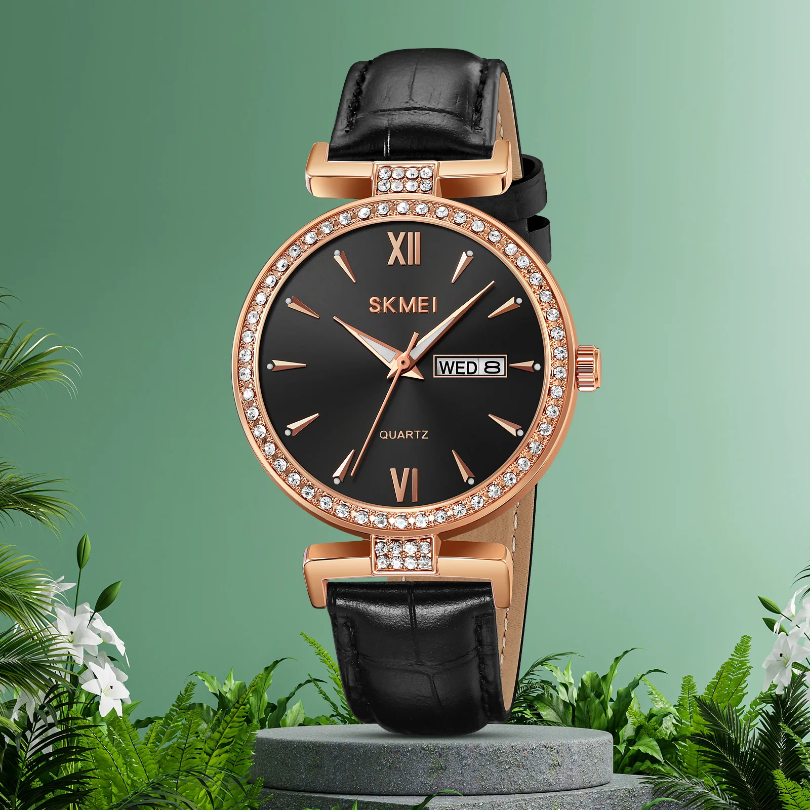 

SKMEI Light Luxury Women's Fashion Piece Waterproof Watch Slim And Delicate Full Diamond Date Business Style Quartz Watch 2090