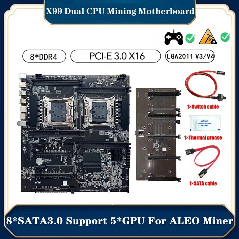 

Материнская плата X99 ALEO для майнинга + термопаста + кабель переключателя + кабель SATA Поддержка 5 GPU LGA2011 V3/V4 8XDDR4 слот PCIE16X SATA