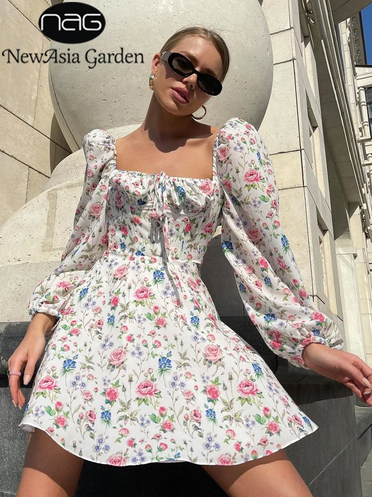 NewAsia Floral Dress Women Lantern Long Sleeve Ruched Print A Line Square Neck Tie up Mini Vestidos Sexy Chic Summer Beach Dress