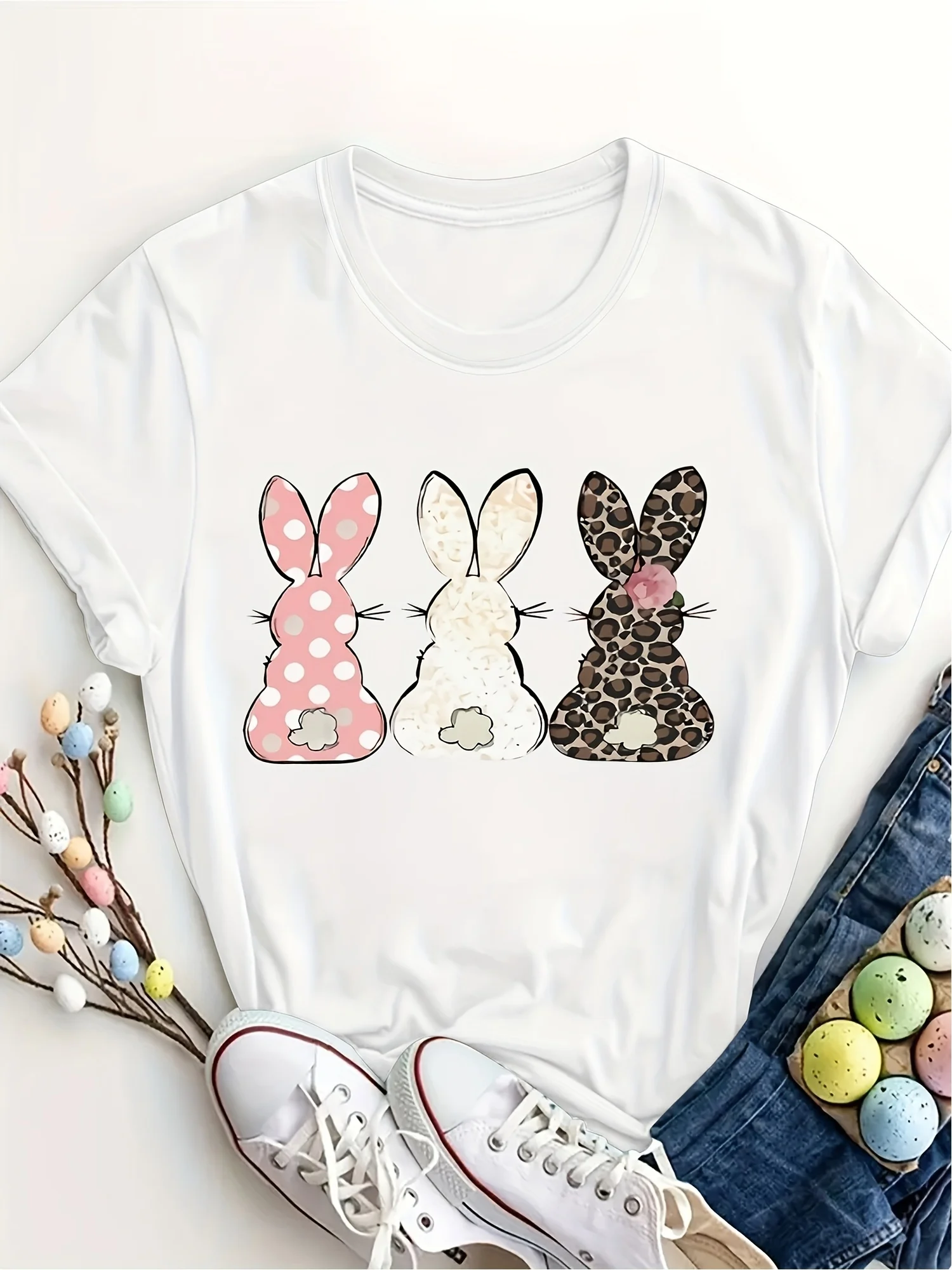 A Cute Rabbit Print Pattern Easter Themed Round Neck Casual T-Shirt a Perfect Choice for Daily Wear in Spring And Summer Featuring a Fitted Short Sleeve Design Ideal for Women's Fashion And Trendy Swear