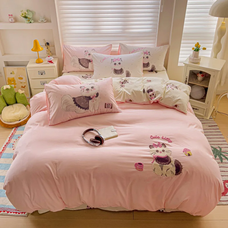 Cute Pink Cartoon Cat Towel Embroidery Girls Kids Bedding Set Soft Washed Cotton Duvet Covers Set Bed Sheet Pillowcases 3/4Pcs 2