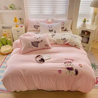 Cute Pink Cartoon Cat Towel Embroidery Girls Kids Bedding Set Soft Washed Cotton Duvet Covers Set Bed Sheet Pillowcases 3/4Pcs 2