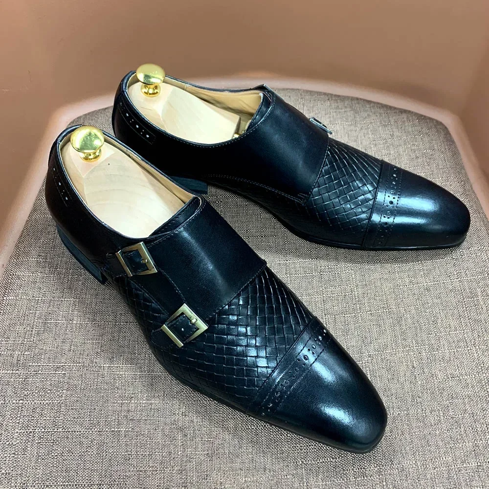 Classic Mens Dress Shoes Genuine Leather Double Buckle Monk Strap Cap Toe Blue Black Wedding Business Formal Suit Shoes for Men