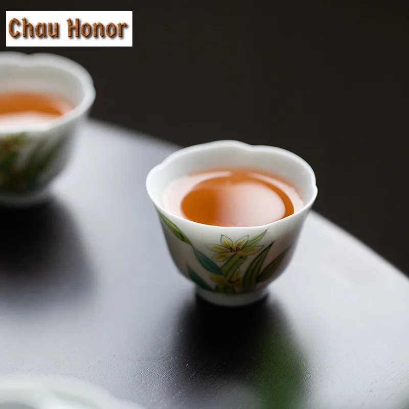 2pc/set Boutique Pure Hand Painted Narcissus Orchid Art Ceramic Tea Cups Small White Porcelain Master Cups Kung Fu Tea Set 30ml