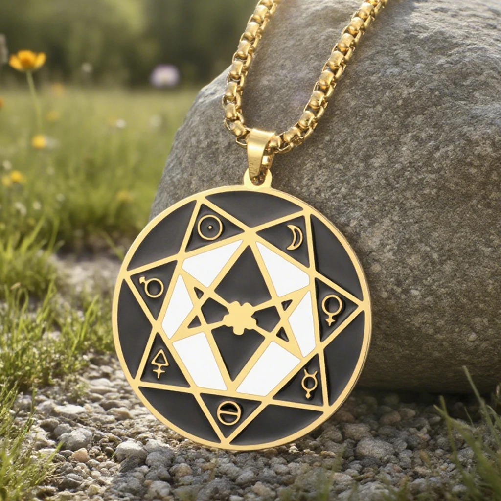 Dawapara Unicursal Hexagramm Thelema Halskette Siegel Stern von Babalon Schutz Talisman Anhänger Edelstahl Schmuck