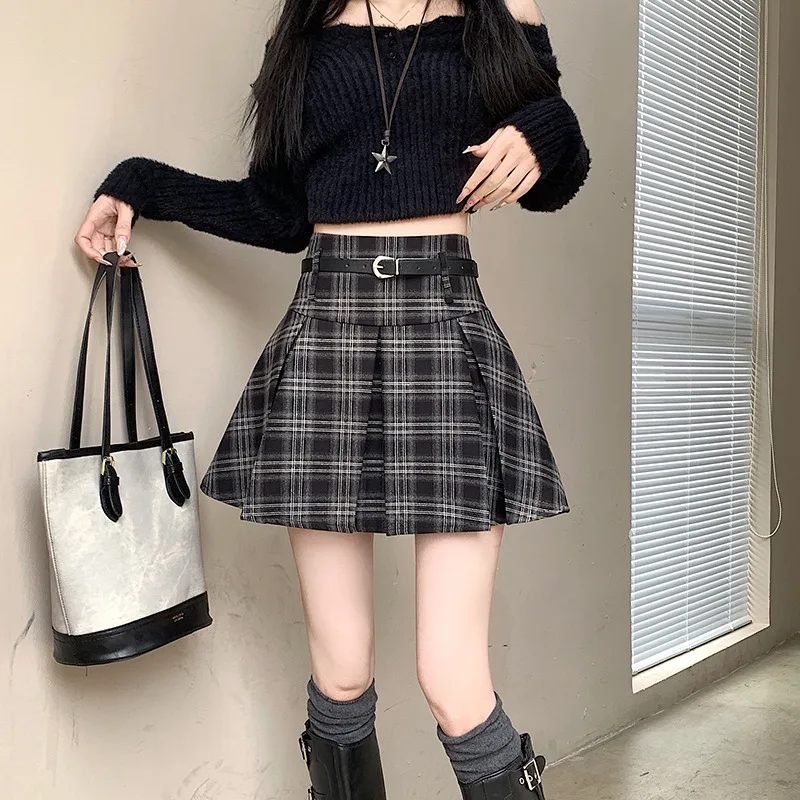 Retro Plaid Skirts Women Autumn and Winter New Arrived Korean Style Versatile High-waisted Thin A-line JK Pleated Skirt Female american retro tooling pocket jeans women s high waist thin and high personality trend all match straight pants